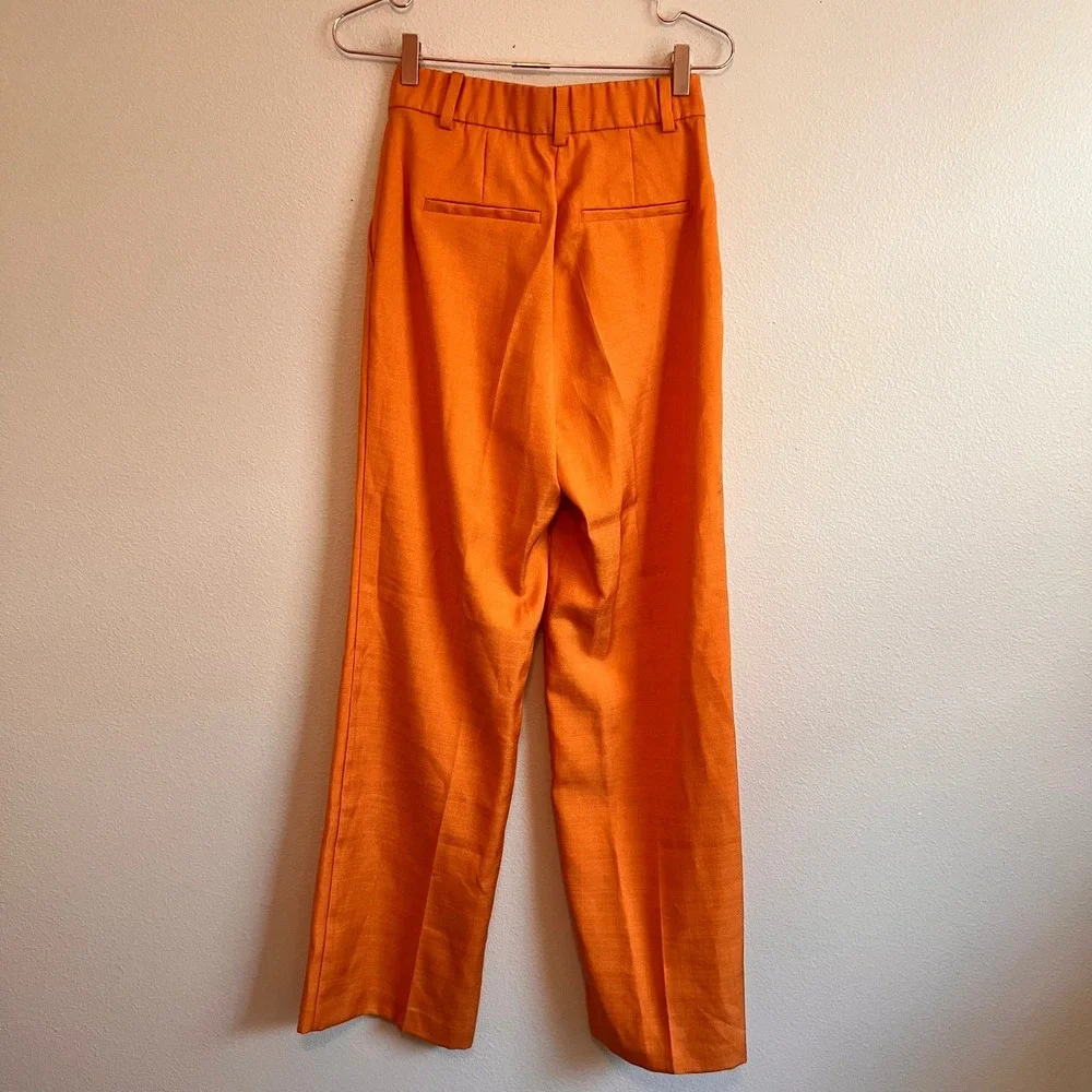 H&M Pants Women 4 Orange Wide Leg High Waisted Textured Linen Blend Trousers